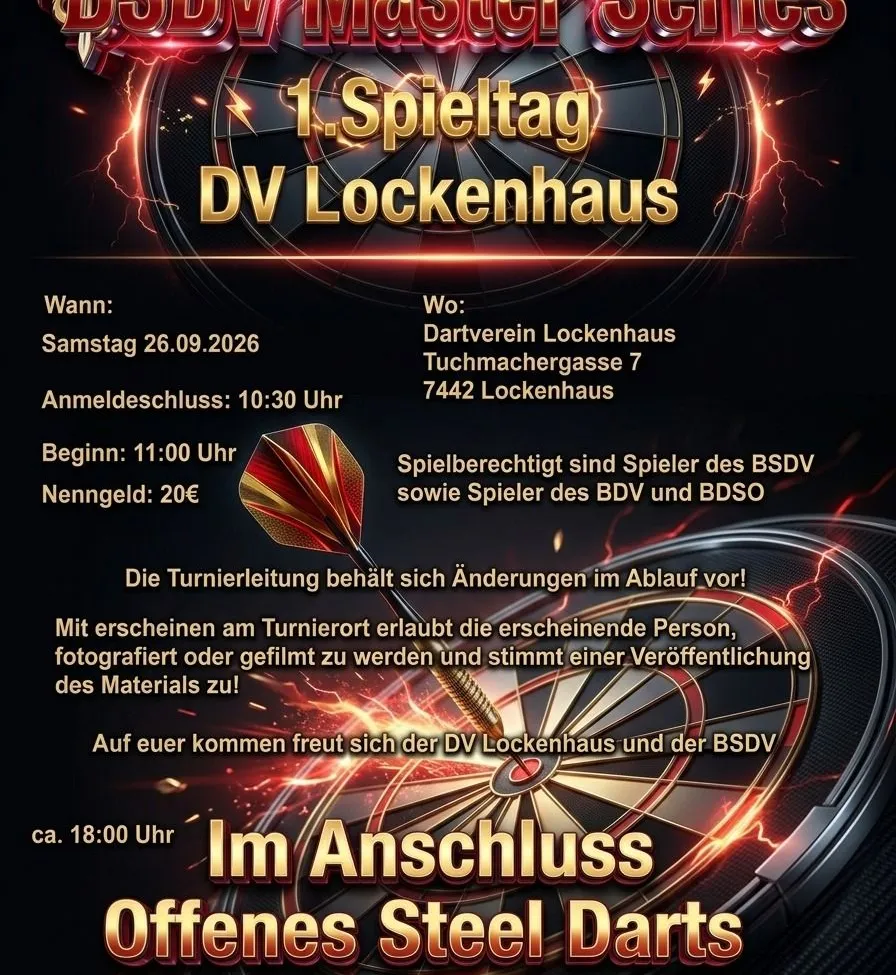 Plakat für das 1. DV Lockenhaus Dart-Turnier. Geplant für Samstag, 26.09.2026, in der Tuchmachergasse 7, 7442 Lockenhaus. Anmeldung ab 10:30 Uhr, Beginn um 11:00 Uhr. Teilnahmegebühr 20€.