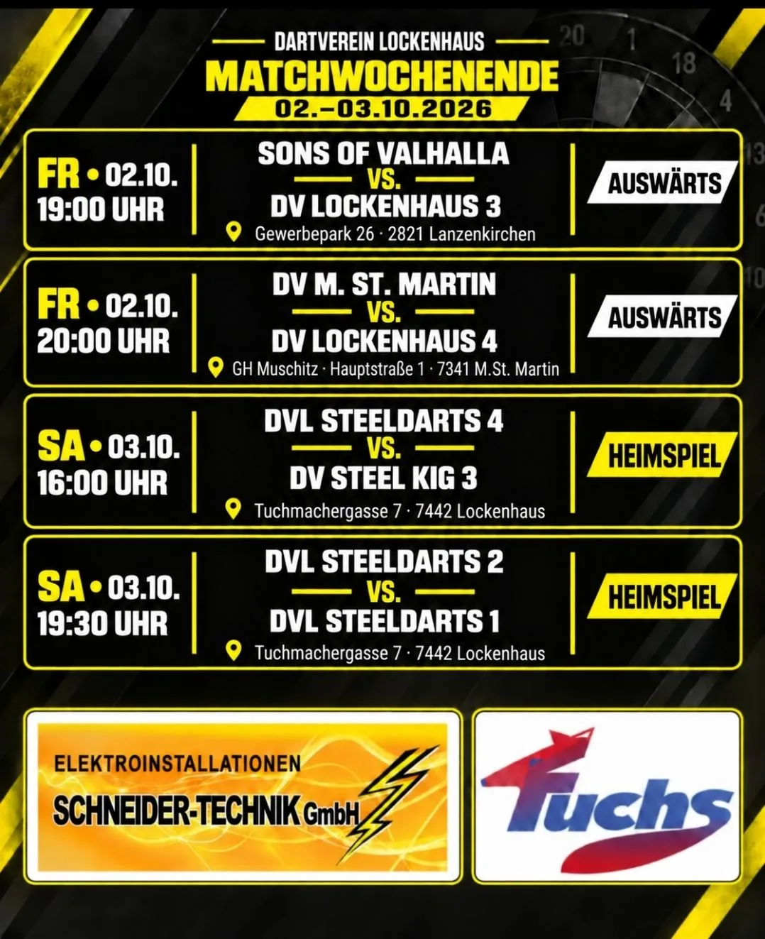 Ein Plakat mit einem Zeitplan von Veranstaltungen vom 2. bis 3. Oktober 2026. Es enthält Spiele zwischen verschiedenen Teams zu verschiedenen Zeiten und Orten.