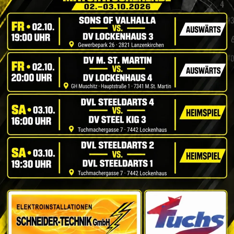 Ein Plakat mit einem Zeitplan von Veranstaltungen vom 2. bis 3. Oktober 2026. Es enthält Spiele zwischen verschiedenen Teams zu verschiedenen Zeiten und Orten.