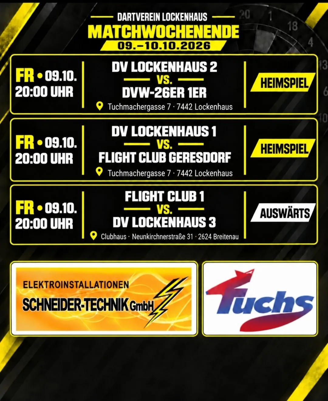 Ein Plakat, das das Dartverein Lockenhaus Matchwochenende am 10. September 2026 ankündigt. Es enthält drei Spiele mit Zeiten, Orten und gegnerischen Teams.