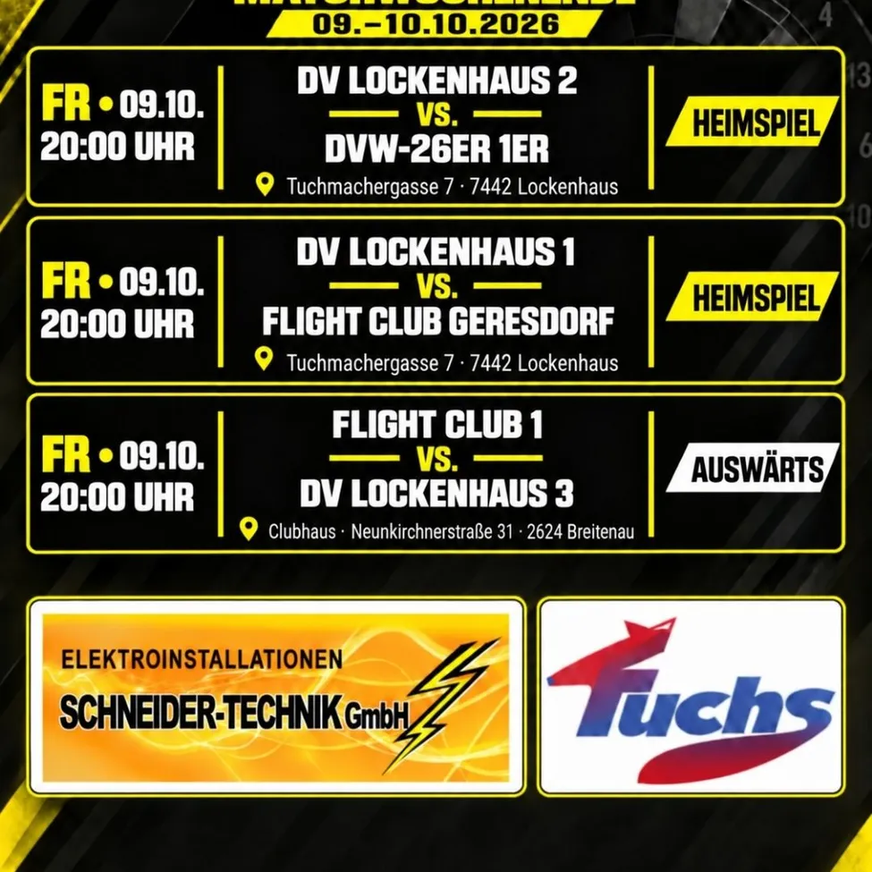 Ein Plakat, das das Dartverein Lockenhaus Matchwochenende am 10. September 2026 ankündigt. Es enthält drei Spiele mit Zeiten, Orten und gegnerischen Teams.