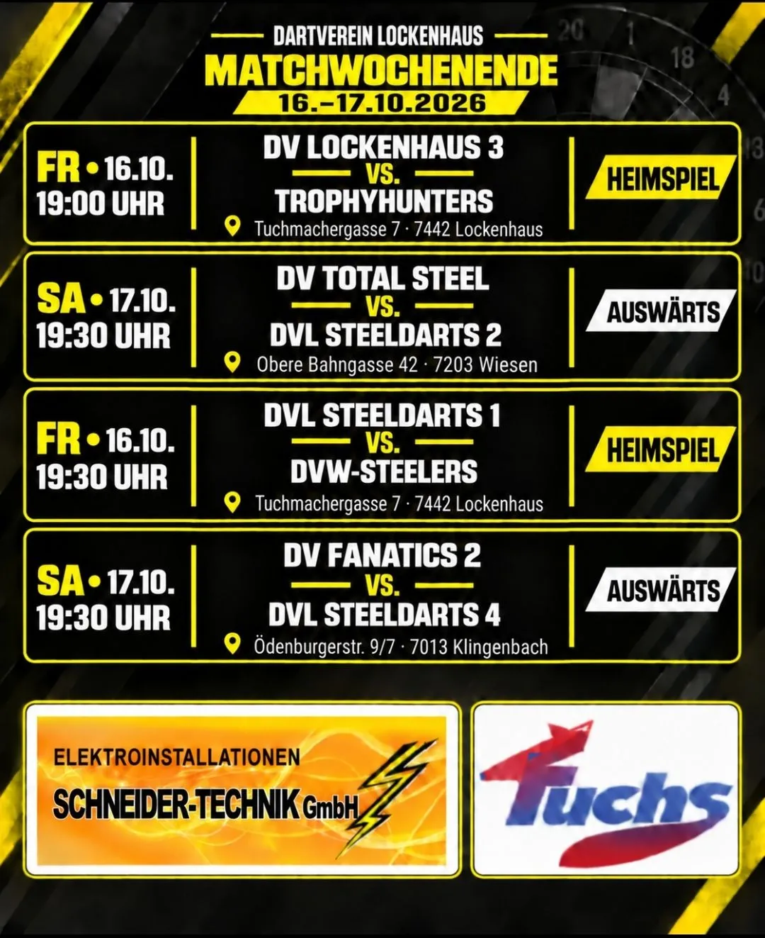 Ein Plakat, das kommende Spiele für den Dartverein Lockenhaus ankündigt. Es listet vier Spiele mit Datum, Uhrzeit und Ort auf.