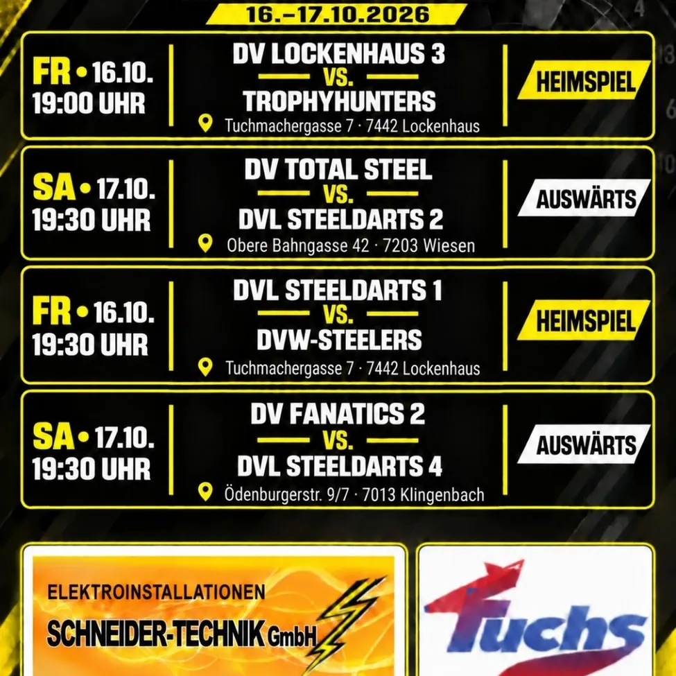 Ein Plakat, das kommende Spiele für den Dartverein Lockenhaus ankündigt. Es listet vier Spiele mit Datum, Uhrzeit und Ort auf.