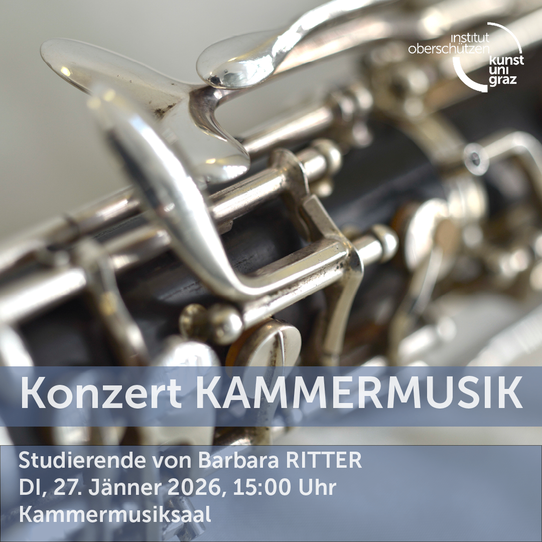 Eine Nahaufnahme eines glänzenden Messingklarinetten mit Textüberlagerung. Der Text lautet 'Konzert Kammermusik' und 'Studierende von Barbara Ritter DI, 27. Jänner 2026, 15:00 Uhr Kammermusiksaal'.