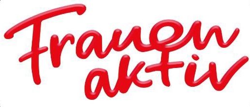 Ein rundes Logo mit dem Text 'Frauen aktiv' in Rot auf weißem Hintergrund. Das Design ist fett und auffällig, ideal für Branding.