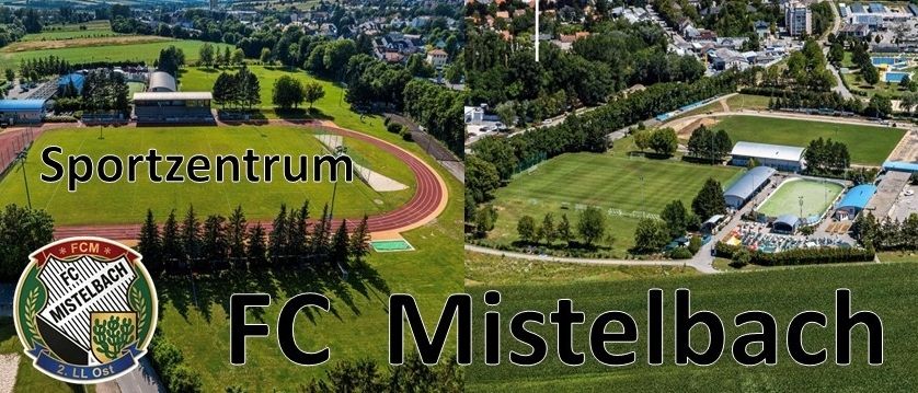 Luftaufnahme des FC Mistelbach Sportzentrums mit einer Laufbahn, einem Fußballfeld und einem Schwimmbad, umgeben von üppigem Grün und Gebäuden in der Ferne.