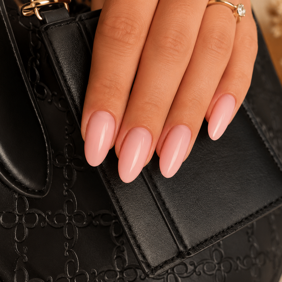 Eine Hand mit rosa Nägeln, die eine schwarze Handtasche mit Ornamenten und einem goldenen Ring am Ringfinger hält.