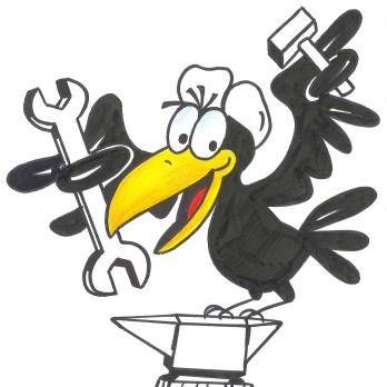 Ein Cartoon-Vogel hält eine Schraubenschlüssel und einen Hammer im Schnabel und in den Krallen. Der Vogel steht auf einem Amboss und scheint an etwas zu arbeiten. Der Vogel hat einen fröhlichen Ausdruck.