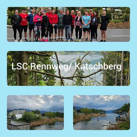 Eine Gruppe von Menschen in Sportbekleidung steht auf der Straße mit einem See und Bergen im Hintergrund.