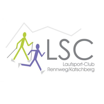 Das Logo des Laufsport-Clubs Rennweg/Katschberg zeigt zwei laufende Figuren, eine mit einem Stock, vor einem stilisierten Bergrücken.
