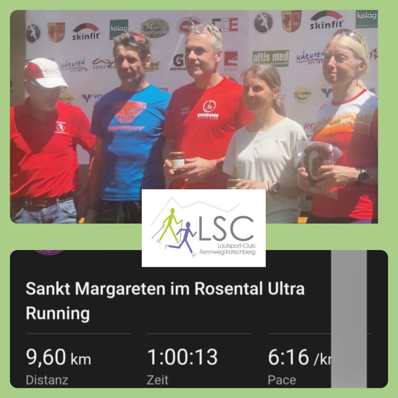 Fünf Personen posieren für ein Foto, vier in roten Trikots und eine in Weiß, mit einem Logo für LSC Laufsport-Club Rennweg/Katschberg. Darunter steht eine Zusammenfassung des Laufevents mit einer Distanz von 9,60 km, Zeit von 1:00:13 und Pace von 6:16 km/h.