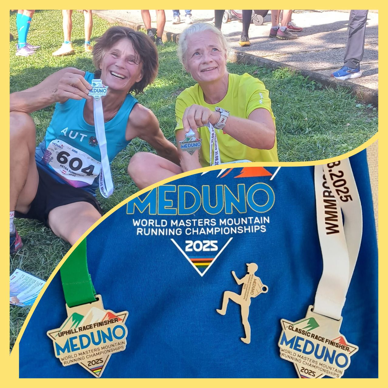 Zwei Frauen in blauen und gelben T-Shirts sitzen auf Gras. Sie halten Medaillen und lächeln. Ihre Startnummern sind 604 und 82025. Ein Logo für die Meduno World Masters Mountain Running Championships 2025 ist sichtbar.