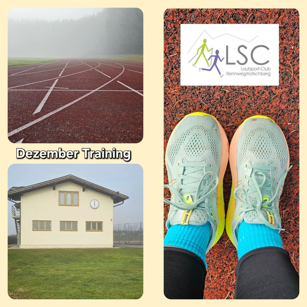 Drei Bilder: eine neblige Laufbahn, ein weißes Haus mit einer Uhr und die Füße eines Läufers in Turnschuhen. Die Laufbahn hat weiße Linien. Das Haus hat eine Uhr und gelbe Fenster. Die Turnschuhe des Läufers sind blau und gelb.