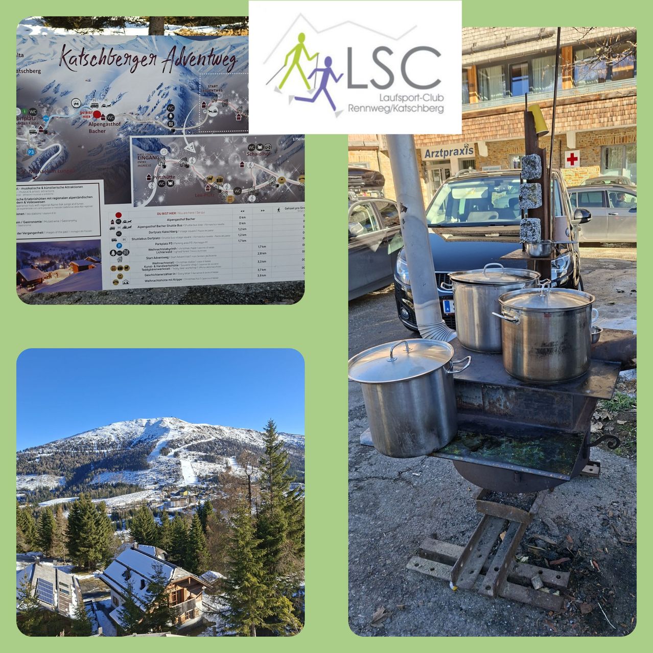Eine Collage von Bildern zeigt einen verschneiten Berg, eine Bergpfadkarte, einen Autoparkplatz mit einem Laufclub-Logo und einen Ofen mit Töpfen draußen.