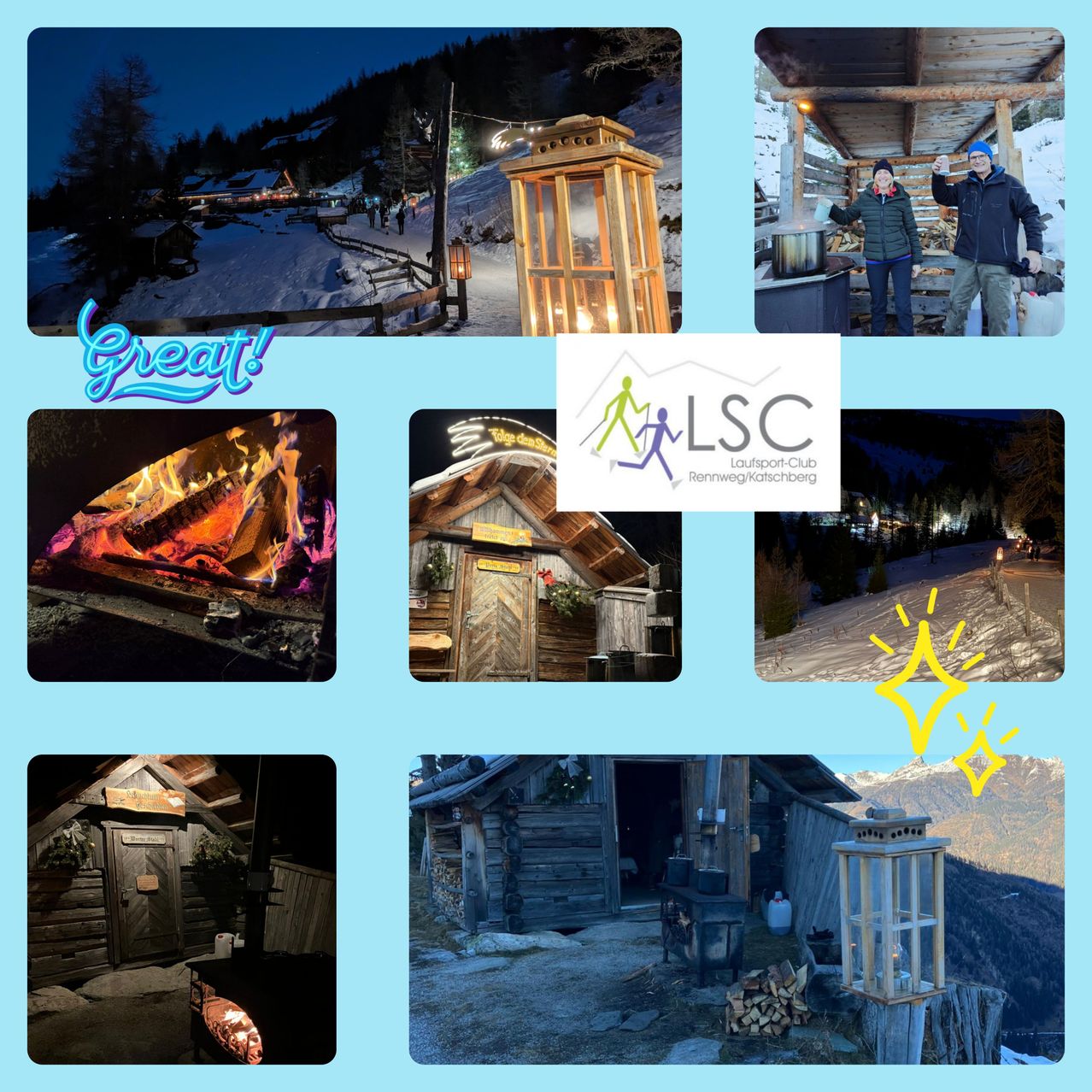 Eine Collage von Bildern, die verschneite Landschaften, gemütliche Hütten und Menschen in der Winteratmosphäre zeigt, mit einer Laterne und einem leuchtenden Kamin.