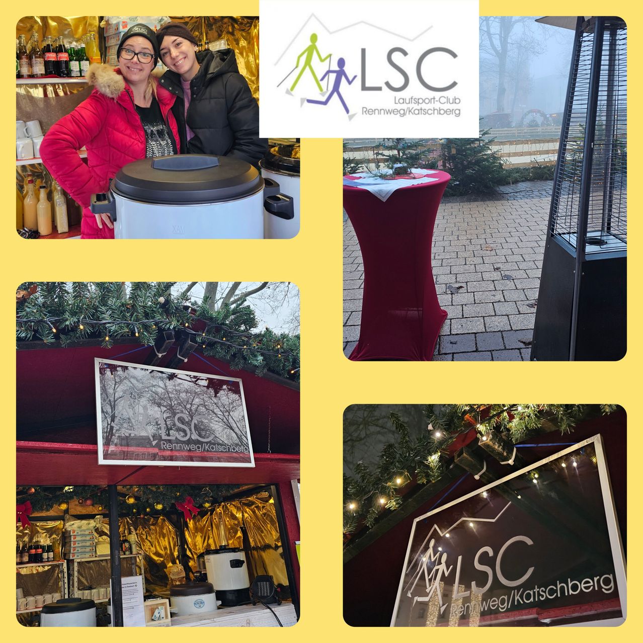 Vier Bilder zeigen eine Weihnachtsmarktszene. Das erste zeigt zwei Frauen neben einem Heizgerät. Das zweite ist ein Heizgerät auf einem Tisch. Das dritte ist ein Weihnachtsbaum mit einem Schild. Das vierte ist ein Schild für LSC.