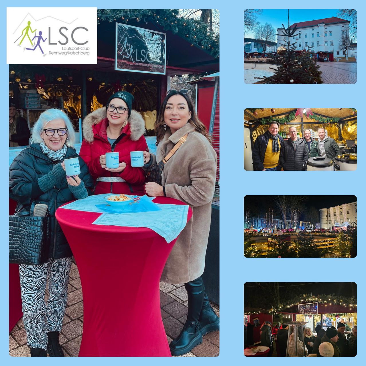 Vier Frauen und drei Männer stehen neben einem Weihnachtsmarktstand. Sie halten Tassen und lächeln. Ein Gebäude und Bäume sind im Hintergrund.