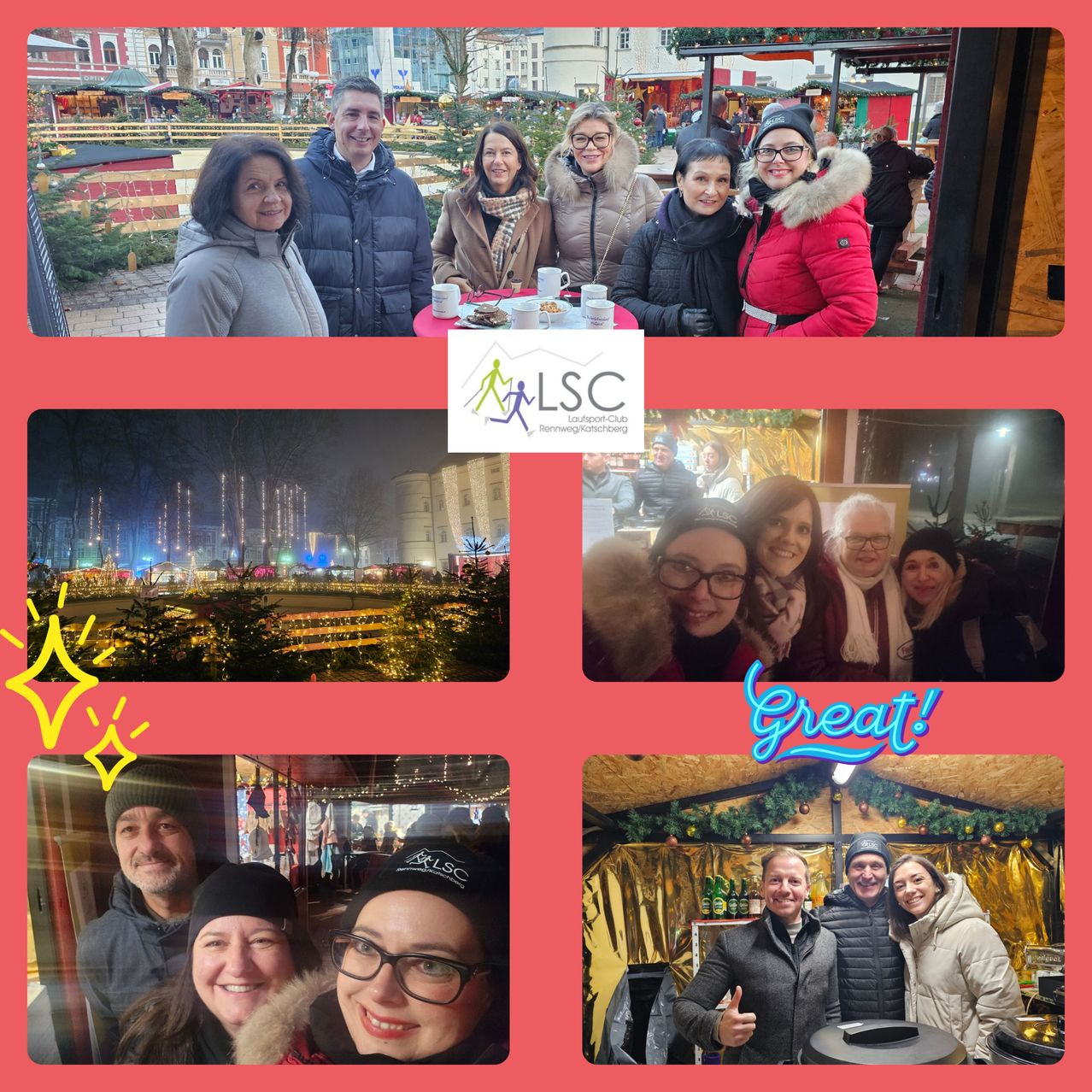 Mehrere Fotos von Menschen in Winterkleidung, die bei einem Weihnachtsmarkt lächeln. Die Fotos zeigen eine Collage des Marktes, Einzelpersonen und Gruppen, mit Dekorationen und Lichtern.