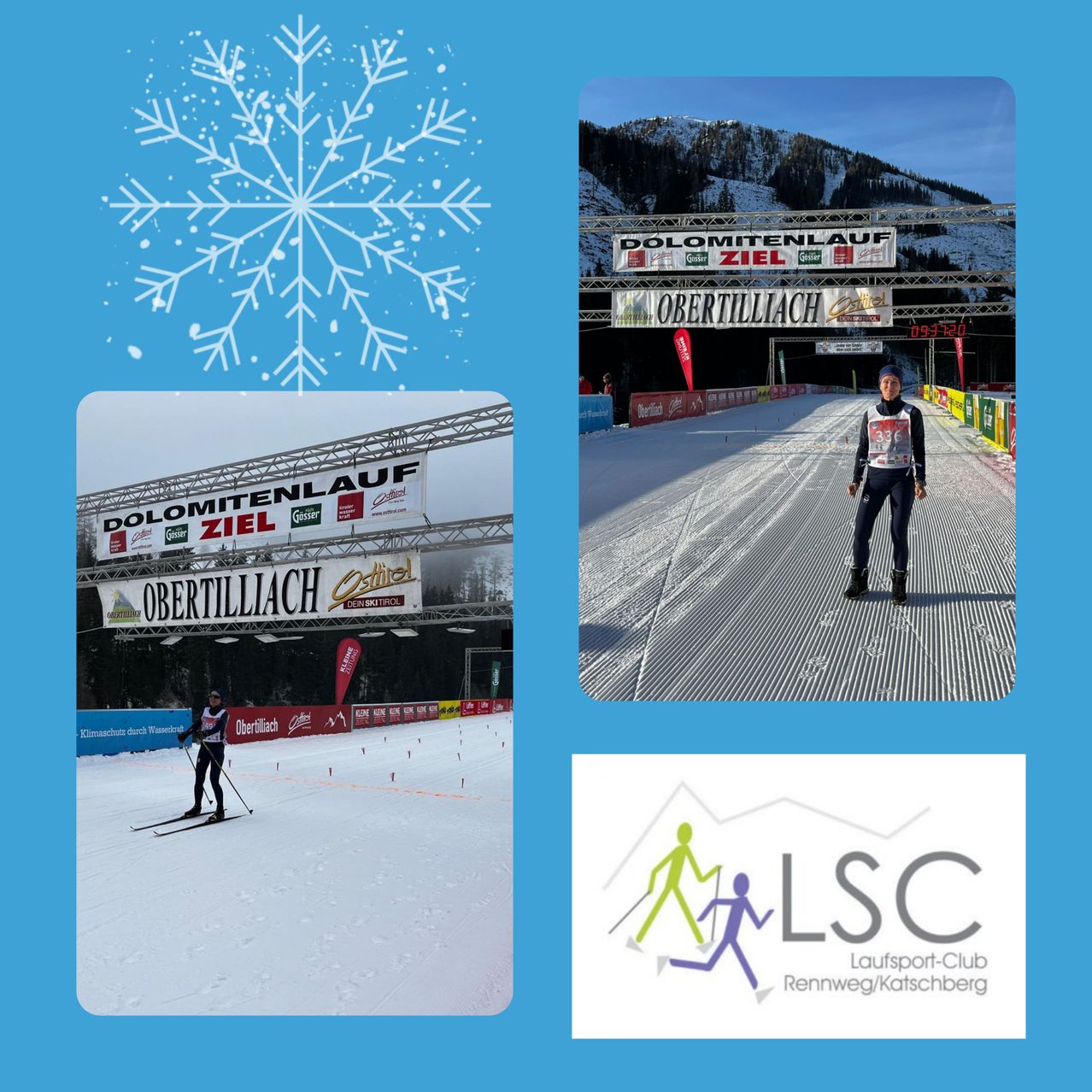 Eine Collage mit einem Skifahrer, einem verschneiten Berg und Bannern für Dolomitenlauf und Obertilliach.