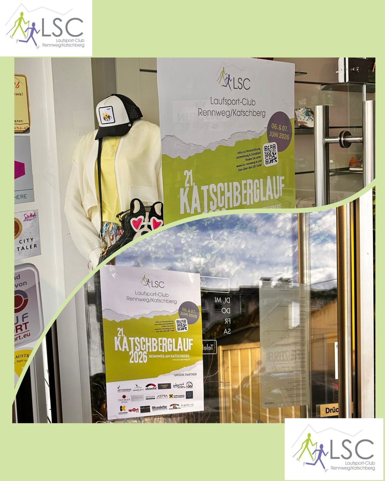 Ein Plakat für die 21. Katschberglauf-Veranstaltung ist an einer Glastür angebracht. Ein Dummy trägt neben dem Plakat eine Kappe und einen Mantel.