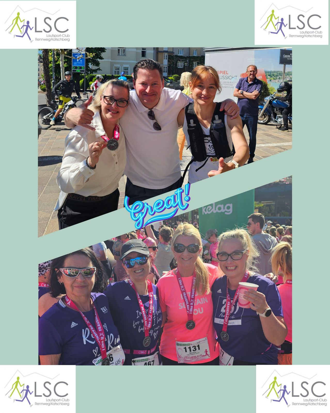 Eine Gruppe von Frauen in blauen und rosa Laufshirts posiert mit Medaillen um den Hals. Ein Mann in Weiß hält zwei Frauen und alle lächeln für ein Foto. Eine weitere Gruppe von Frauen in blauen Shirts mit Medaillen steht vor einer Menge.