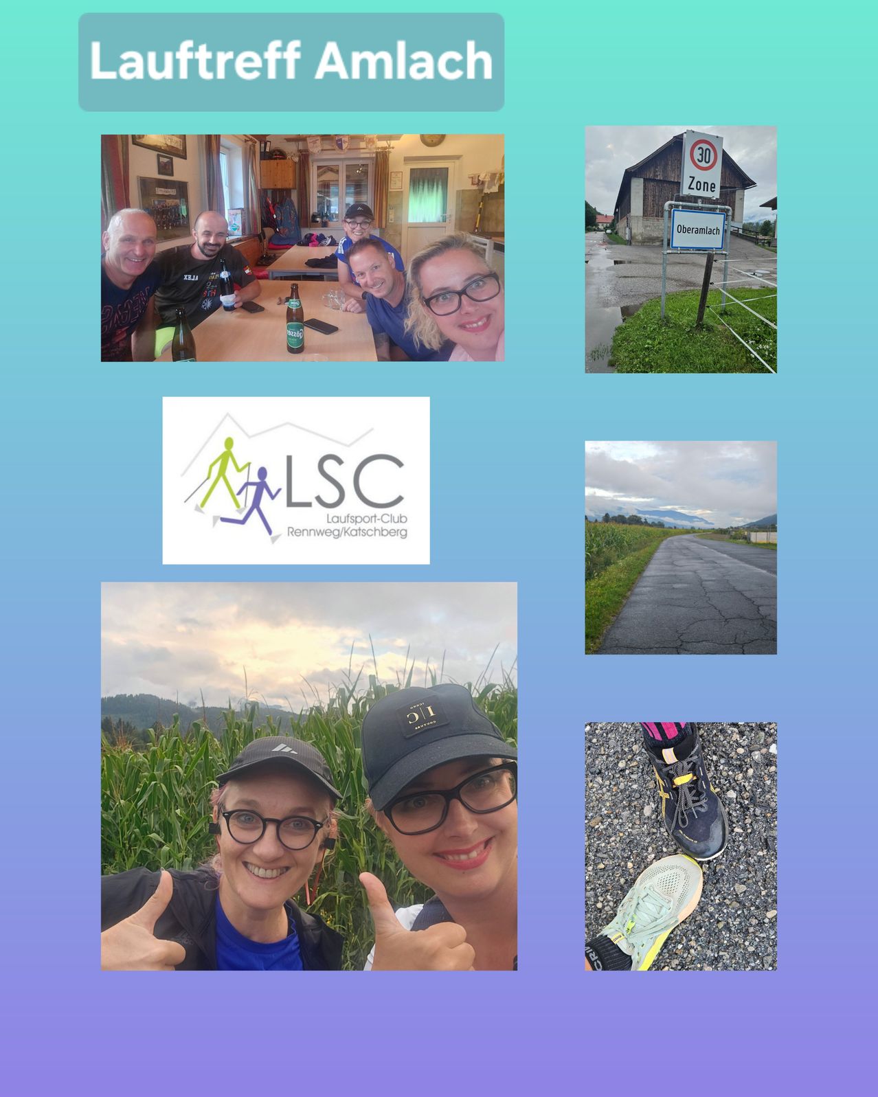 Eine Collage von Bildern mit Menschen in verschiedenen Umgebungen, einschließlich einer Gruppe, die an einem Tisch sitzt, einem Schild, das eine 30 Zone anzeigt, einem Logo für Laufsport-Club Rennweg/Katschberg, einer Straße mit einem Schild und zwei Frauen, die in einem Feld Daumen hoch halten.
