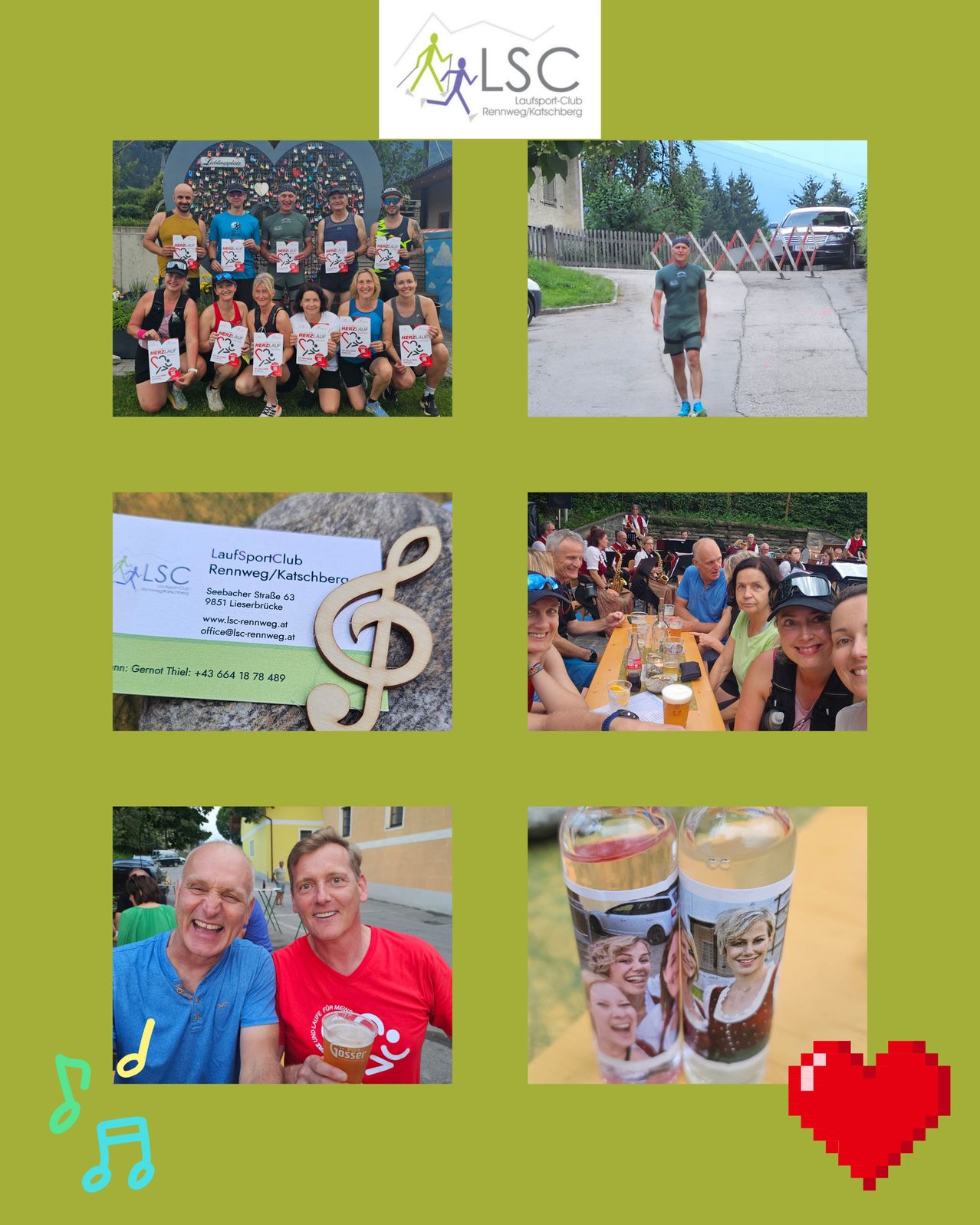 Eine Collage aus sechs Bildern. Oben links: Eine Gruppe von Läufern mit Urkunden. Oben rechts: Eine Person, die die Straße hinunterläuft. Mitte links: Eine Visitenkarte mit einem Musiknoten. Mitte rechts: Eine Gruppe von Menschen, die um einen Tisch sitzen. Unten links: Zwei Männer, die lächeln und Bier trinken. Unten rechts: Zwei Flaschen mit dem Foto einer Frau.