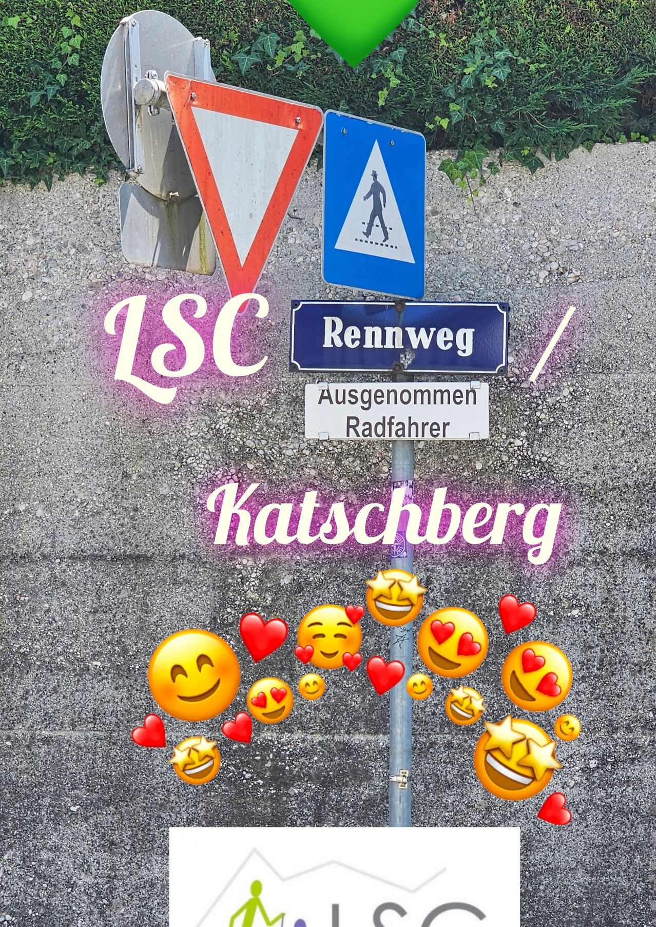 Ein Schild mit dem Wort Rennweg, ein Fußgängerübergangsschild und ein Schild, das Ausgenommen Radfahrer mit Emojis und Herzen steht.