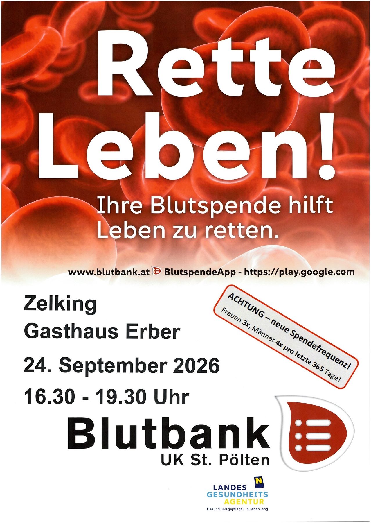 Plakat für eine Blutspende-Veranstaltung in Zelking, Österreich. Es zeigt rote Blutkörperchen und den Text 'Rette Leben!', der 'rette Leben' bedeutet. Die Veranstaltung findet im Gasthaus Erber am 24. September 2026 von 16:30 bis 19:30 Uhr statt.