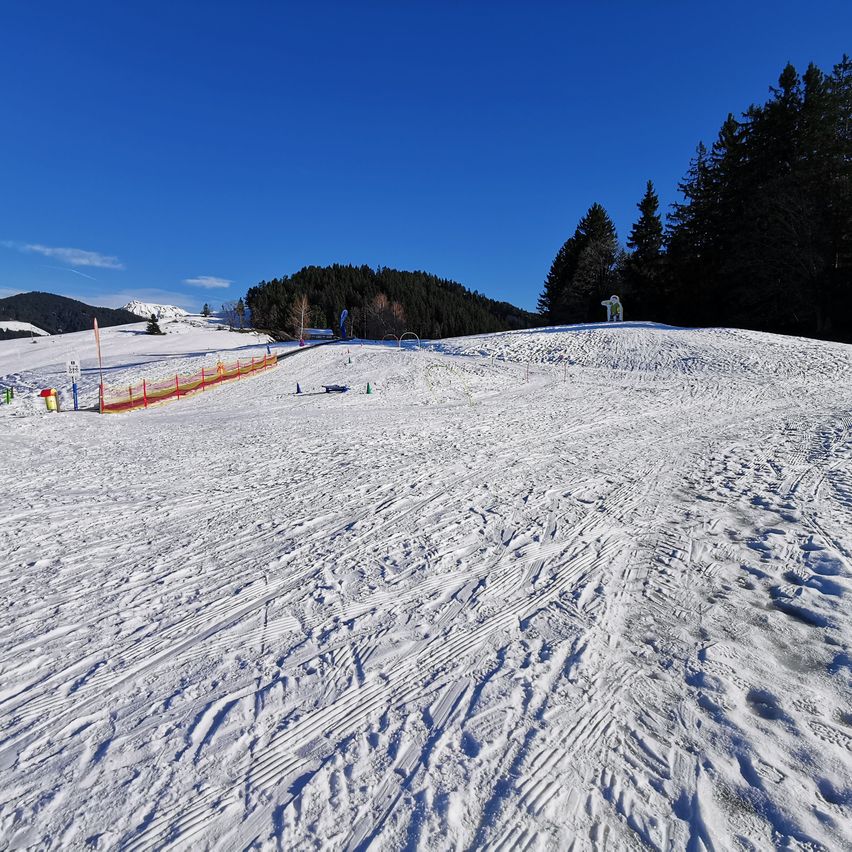 Ein schneebedeckter Berg mit klarem blauem Himmel und Bäumen. Schneebedeckte Hänge haben Skispuren. Ein Zaun umgibt das Gebiet. Eine kleine Figur steht auf dem Hügelgipfel.