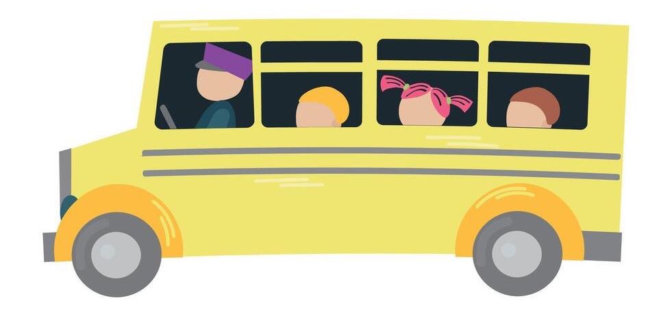 Ein gelber Schulbus mit einem Fahrer und vier Kindern im Inneren. Der Fahrer trägt einen lila Hut.