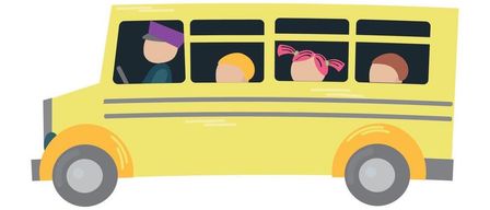 Ein gelber Schulbus mit einem Fahrer und vier Kindern im Inneren. Der Fahrer trägt einen lila Hut.