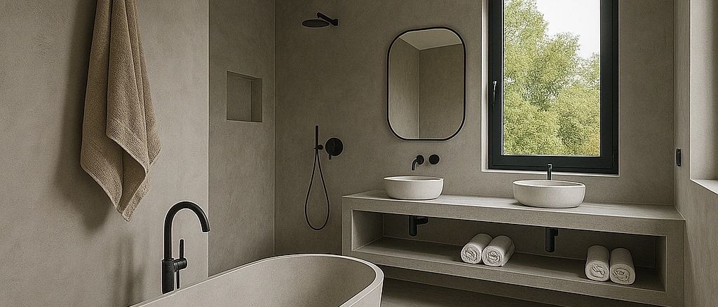 Ein modernes Badezimmer mit einer großen Badewanne, zwei Waschbecken und einem Spiegel. Ein Handtuch hängt an der Wand und ein Fenster zeigt Bäume draußen.