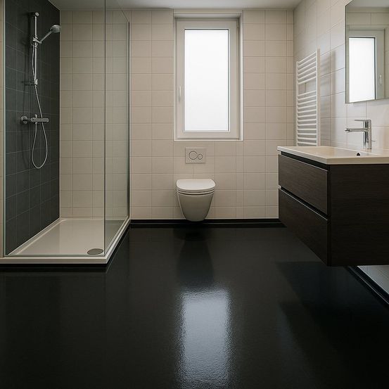 Ein modernes Badezimmer mit Dusche, Toilette und Waschbecken, ausgestattet mit weißen Fliesen, einer Glastür und einem schwarzen Boden.