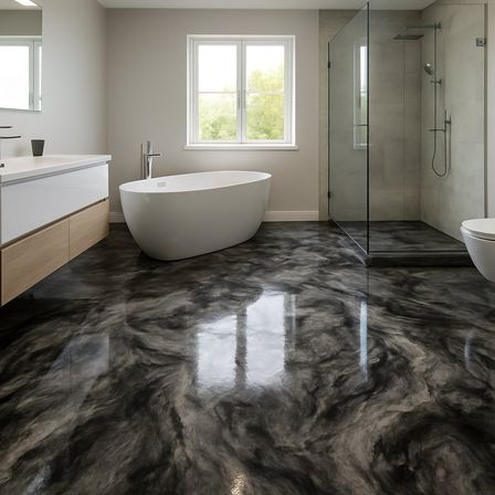 Ein modernes Badezimmer mit einer weißen Badewanne, einem Waschbecken und einer Duschkabine. Der Boden besteht aus Marmor mit Marmoreffekt.