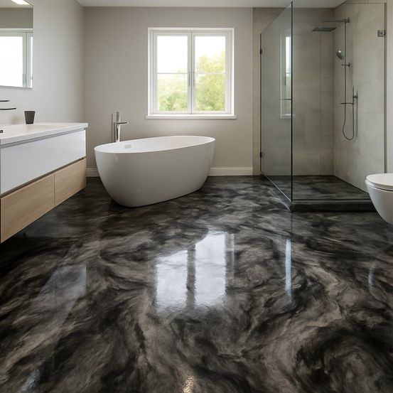 Ein modernes Badezimmer mit einer weißen Badewanne, einem Waschbecken und einer Duschkabine. Der Boden besteht aus Marmor mit Marmoreffekt.