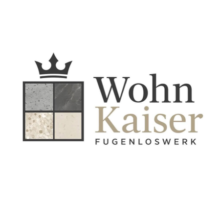 Das Logo für Wohn Kaiser, eine Marke mit einem Kronen-Symbol, quadratischen Fliesen und den Worten 'Wohn Kaiser FUGENLOSWERK'.