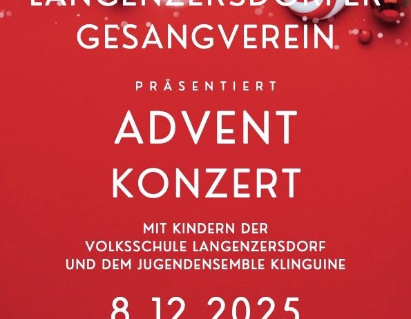Plakat für das Adventkonzert des Langenzersdorfer Gesangvereins mit Kindern und dem Jugendensemble Klinguine am 8. Dezember 2025. Ort: Pferdexposition Dirnlwiese, Krottendorfstrasse 48. Beginn 17:00 Uhr, freier Eintritt.