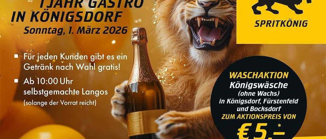 Werbeposter für das Gastronomie-Jubiläum. Ein Löwe hält eine Champagnerflasche. Sonderangebot für Waschservices. Gültig bis 1. März 2026.