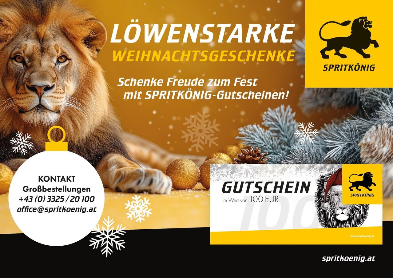 Ein Werbeposter mit einem Löwen, Schneeflocken und einem Affen. Der Löwe liegt auf einem gelben Hintergrund mit Goldkugeln und Tannenzapfen. Ein Geschenkgutschein ist mit den Texten 'Gutschein' und 'Im Wert von 100 EUR' angezeigt. Die Pfote des Löwen befindet sich in der Nähe des Geschenkgutscheins. Der Hintergrund zeigt Schneeflocken und einen Affen.