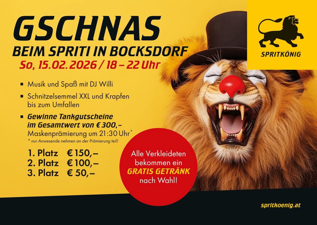 Veranstaltungsposter für Schnas Spiriti in Bocksdorf. Datum: 5. Februar 2026, 18-22 Uhr. Zeigt einen Löwen mit Hut und roter Nase, verspricht Preise und kostenlose Getränke.