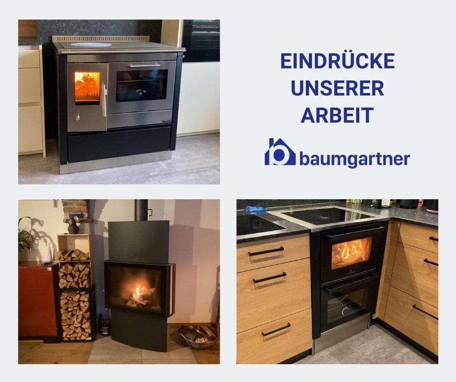 Drei Bilder verschiedener Kamine werden gezeigt. Der erste ist ein Edelstahlofen, der zweite ist ein schwarzer Holzkamin und der dritte ein Ofen in einer Küche.