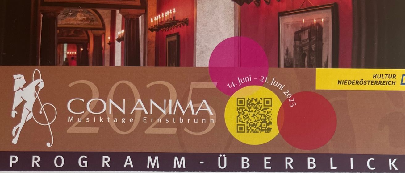Poster für Con Anima Musiktage 2025. Veranstaltungen vom 14. bis 21. Juni. Eröffnungskonzert am 14. Juni von Megan Kahts. Traditionelles Fest am 15. Juni. Kammermusikkonzerte am 15., 17. und 18. Juni. Abschlussfest am 21. Juni.