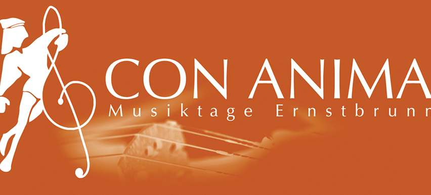 The Con Anima logo features a stylized hand holding a musical note over a violin silhouette, set against an orange background. The text reads 'CON ANIMA Musiktage Ernstbru'.