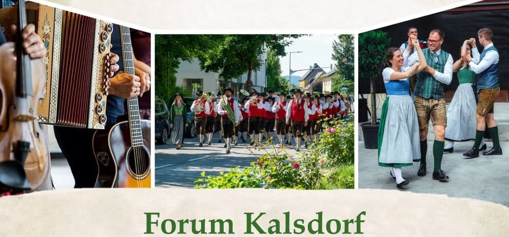 Plakat für den Tag der offenen Tür im Forum Kalsdorf am 09.05.2026. Mit Akkordeonspieler, Marschkapelle und tanzenden Paaren. Zeit: 10:00-14:00 Uhr.