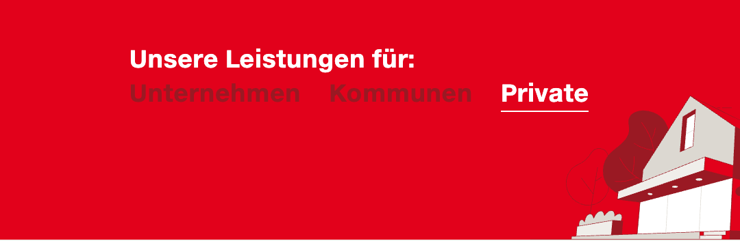 Ein roter Banner hebt Dienstleistungen für Unternehmen, Kommunen und Privatpersonen hervor. Das Bild ist minimalistisch.