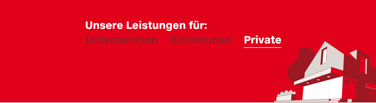 Ein roter Banner hebt Dienstleistungen für Unternehmen, Kommunen und Privatpersonen hervor. Das Bild ist minimalistisch.