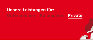 Ein roter Banner hebt Dienstleistungen für Unternehmen, Kommunen und Privatpersonen hervor. Das Bild ist minimalistisch.