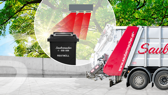 Ein Müllwagen mit einer roten Rampe steht neben einem schwarzen Abfallbehälter mit 'Saubermacher'-Text und einem roten Strahl.