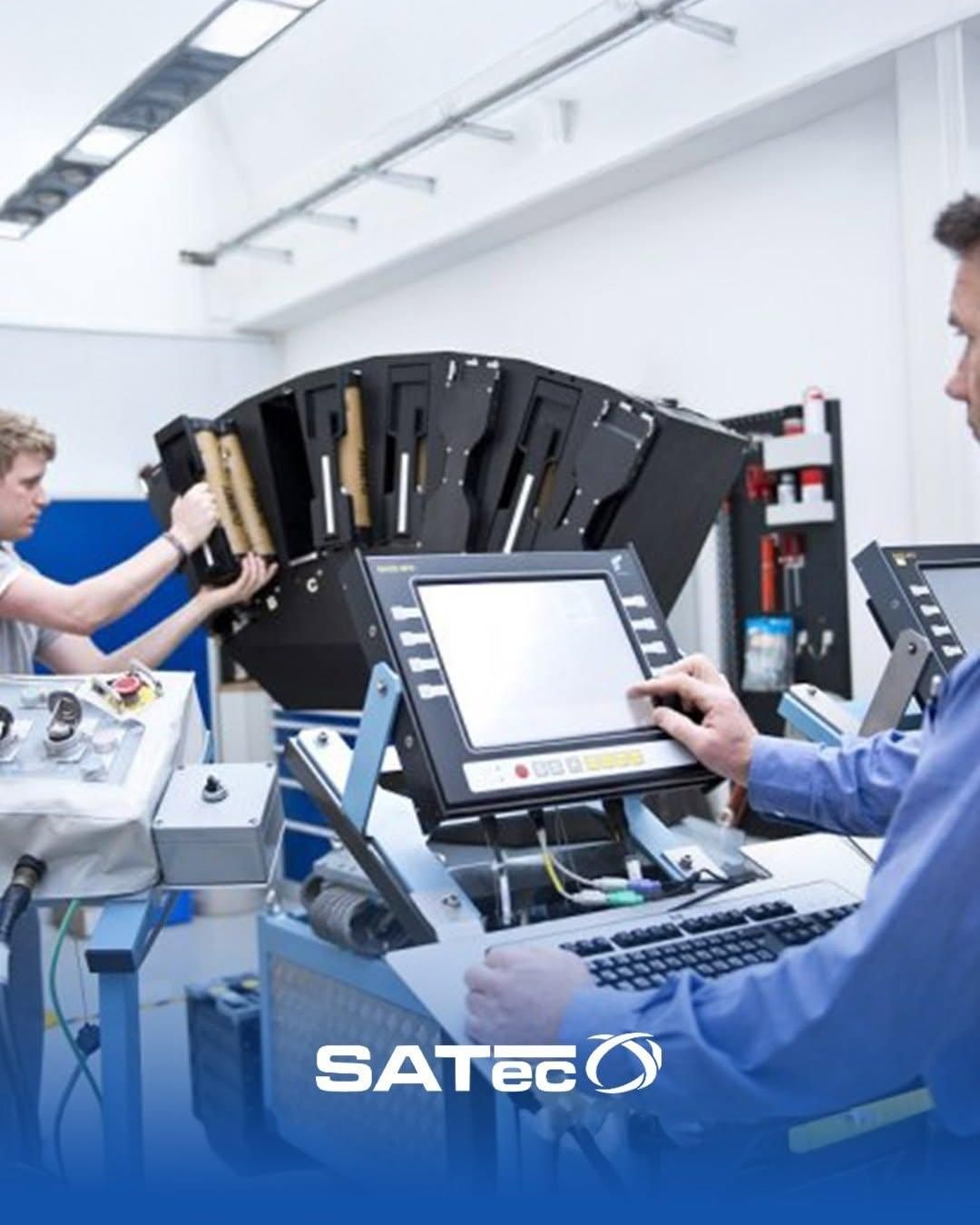 Zwei Männer arbeiten an einem elektronischen Gerät in einer Fabrik. Ein Mann hält ein großes schwarzes Objekt, und der andere arbeitet an einem Monitor. Beide tragen blaue Uniformen.